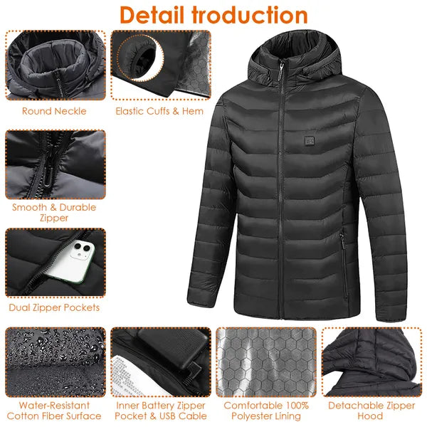 Winter Heated Jacket – USB Rechargeable Smart Thermal Coat with 8 Adjustable Heating Zones for Outdoor Cold Weather
