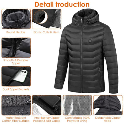 Winter Heated Jacket – USB Rechargeable Smart Thermal Coat with 8 Adjustable Heating Zones for Outdoor Cold Weather